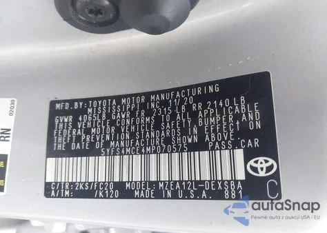 2021 Toyota Corolla Se из США, поврежденный, VIN 5YFS4MCE4MP070575